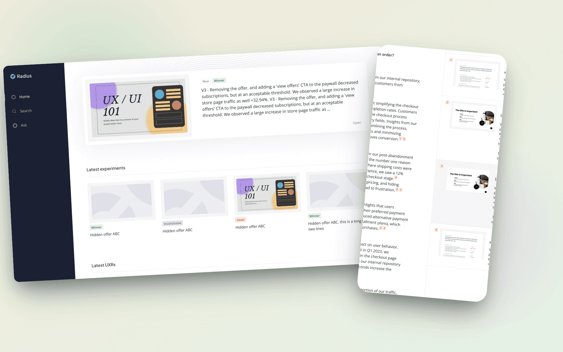 Radius insights platform hero screen with experiment search